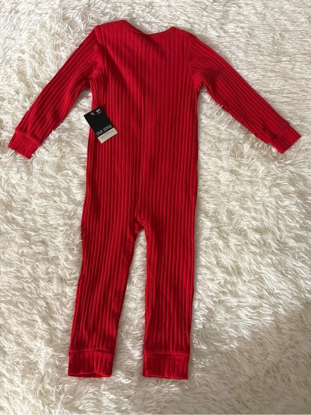 okie dokie Red Ribbed One-Piece Footie with Front Pocket